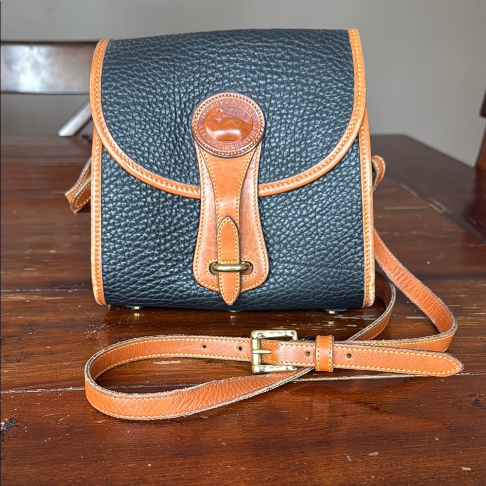 Vintage Dooney & Bourke Black and Tan Leather Crossbody Bag